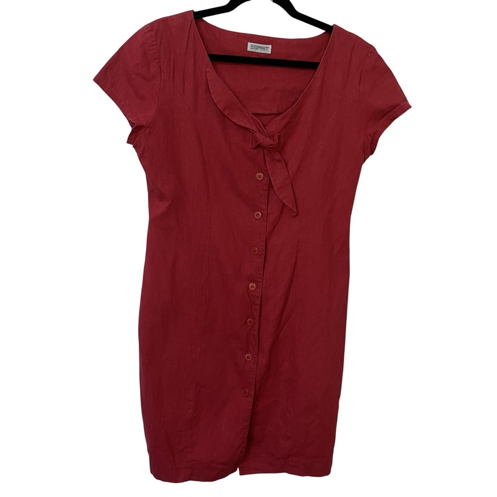 Esprit Vintage Red Tie Neck Button Front Cap Sleeve Sheath Dress Womens Size M